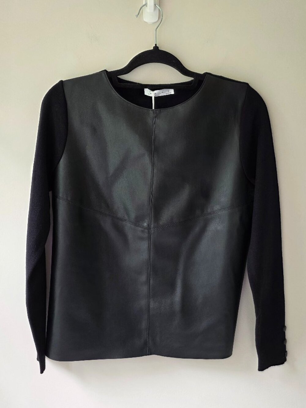 Sioni Mixed Media Faux Leather Knit Long Sleeve Sweater | S | Black Buttons NEW